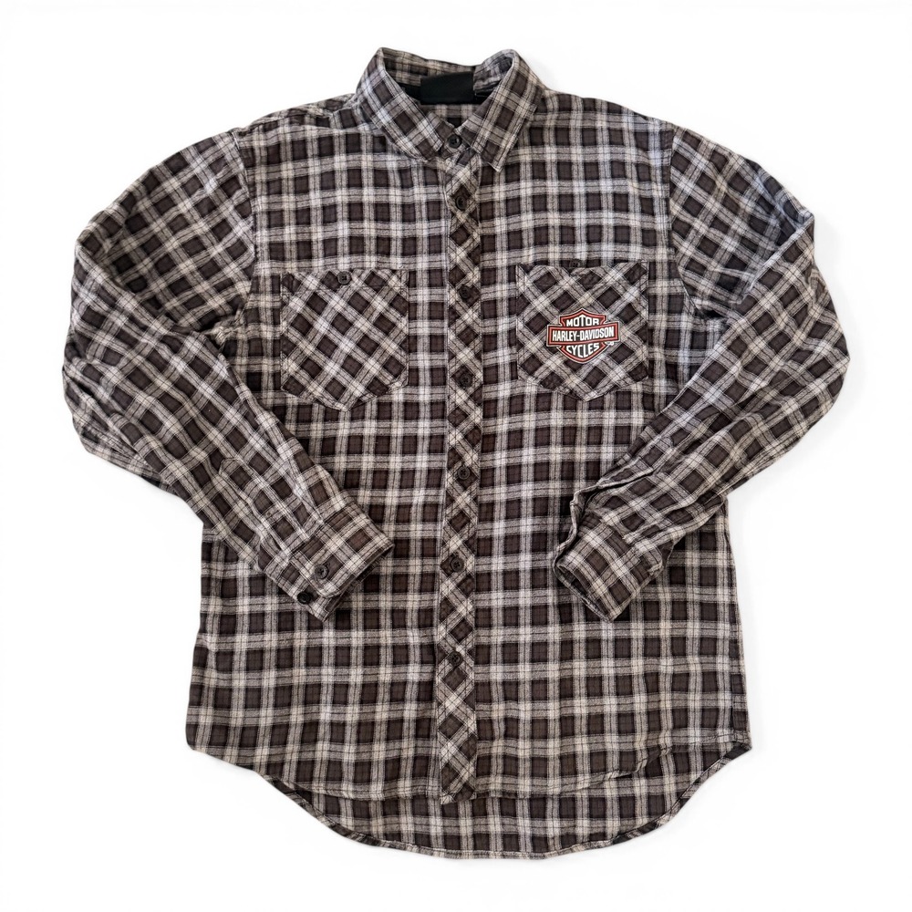 Y2K Harley-Davidson Men's Plaid Flannel Shirt Grey Black Biker Button Up Medium